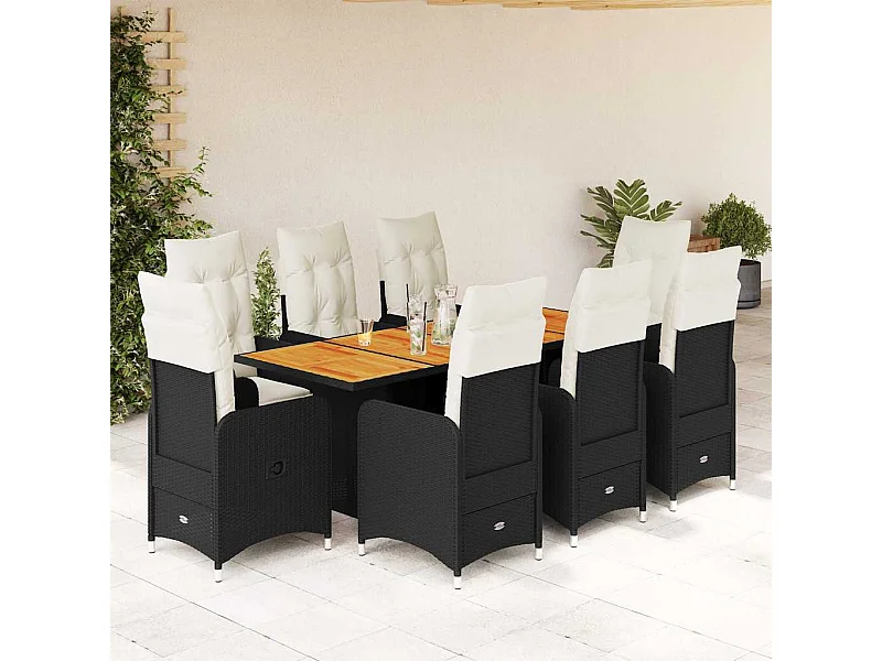 Ensemble de bistro de jardin 9 pcs coussins noir poly rotin