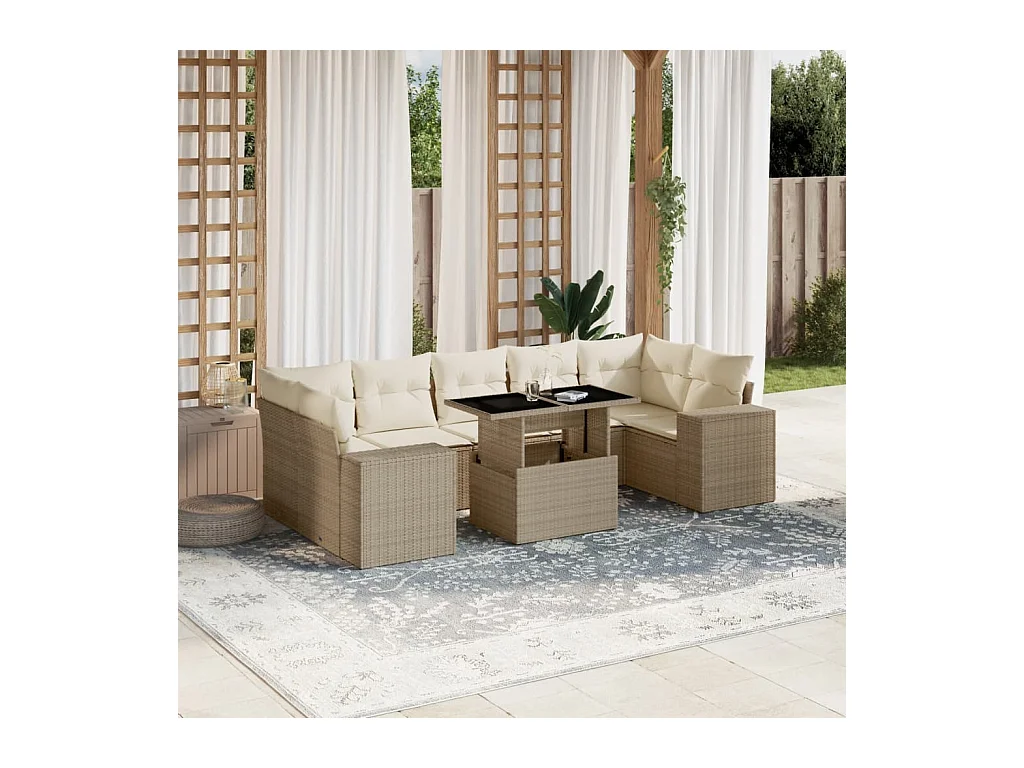 Salon de jardin avec coussins 8 pcs beige résine tressée
