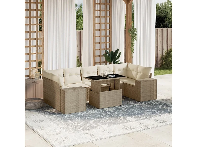 Salon de jardin avec coussins 8 pcs beige résine tressée