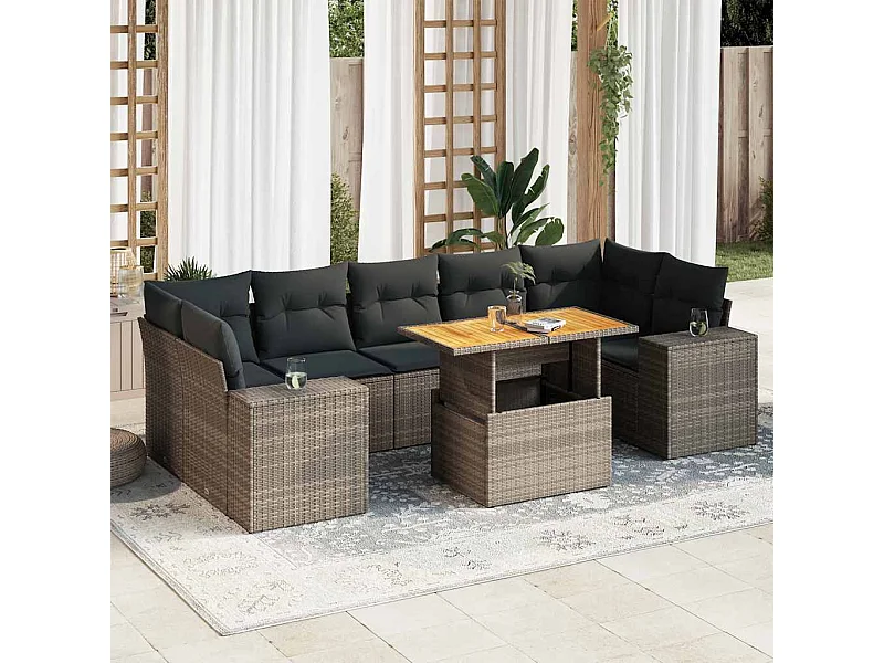 Salon de jardin 8 pcs avec coussins gris résine tressée
