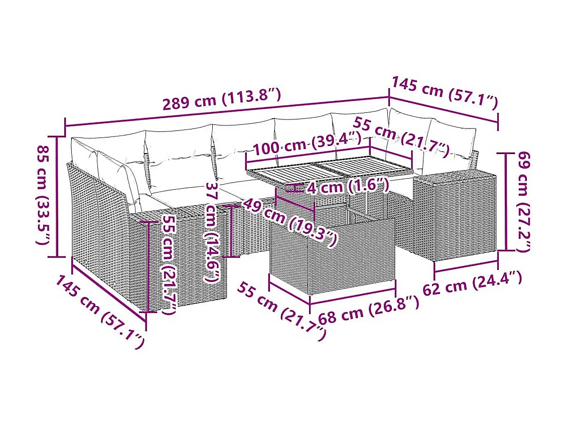 8-delige Loungeset met kussens poly rattan grijs