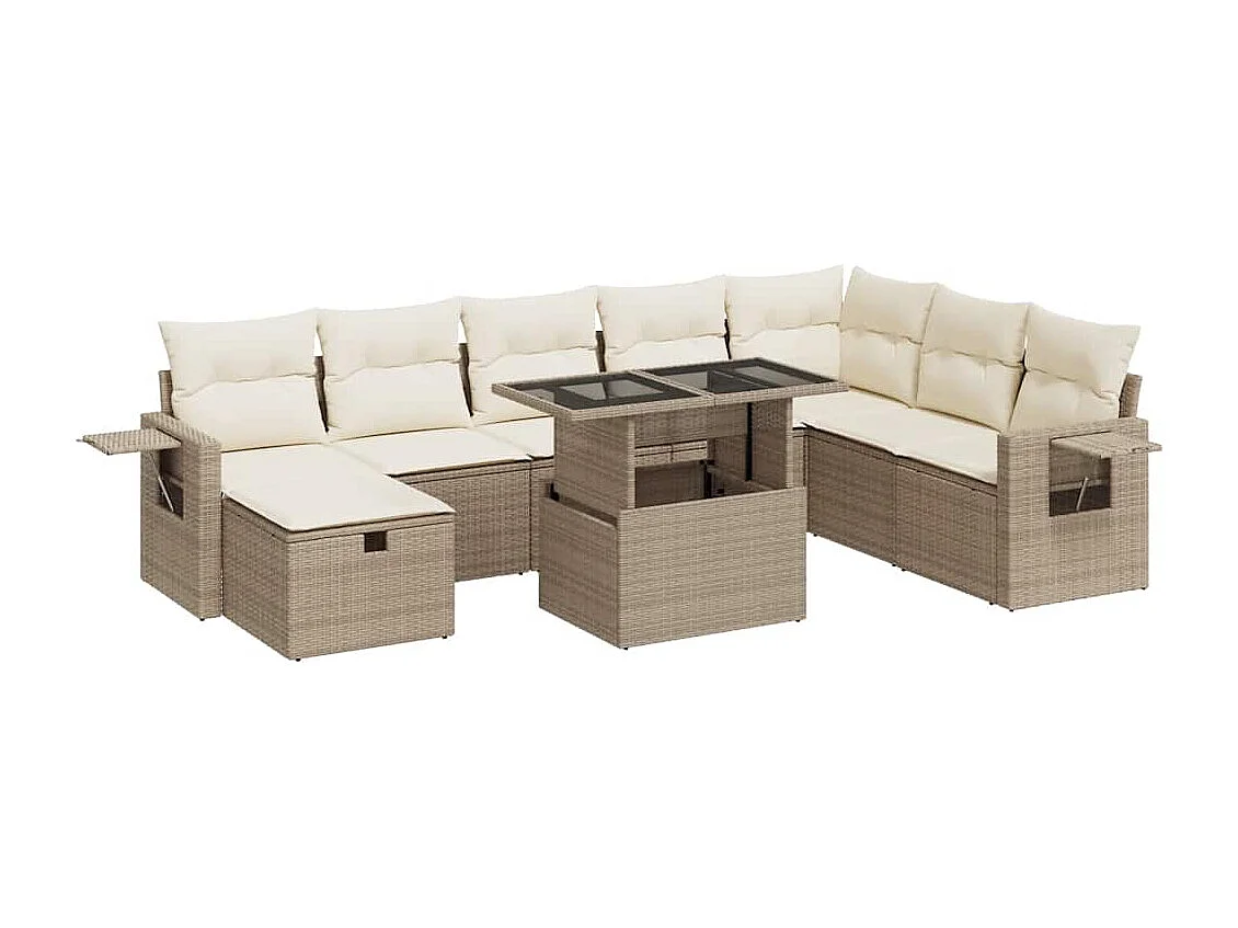 Salon de jardin avec coussins 9 pcs beige résine tressée