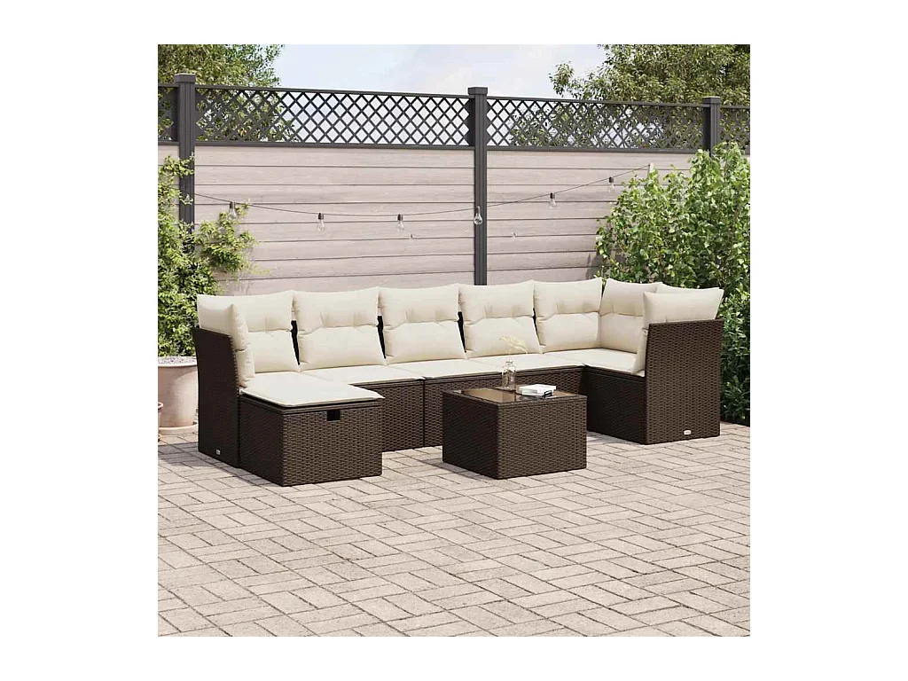 Salon de jardin 8 pcs avec coussins marron résine tressée