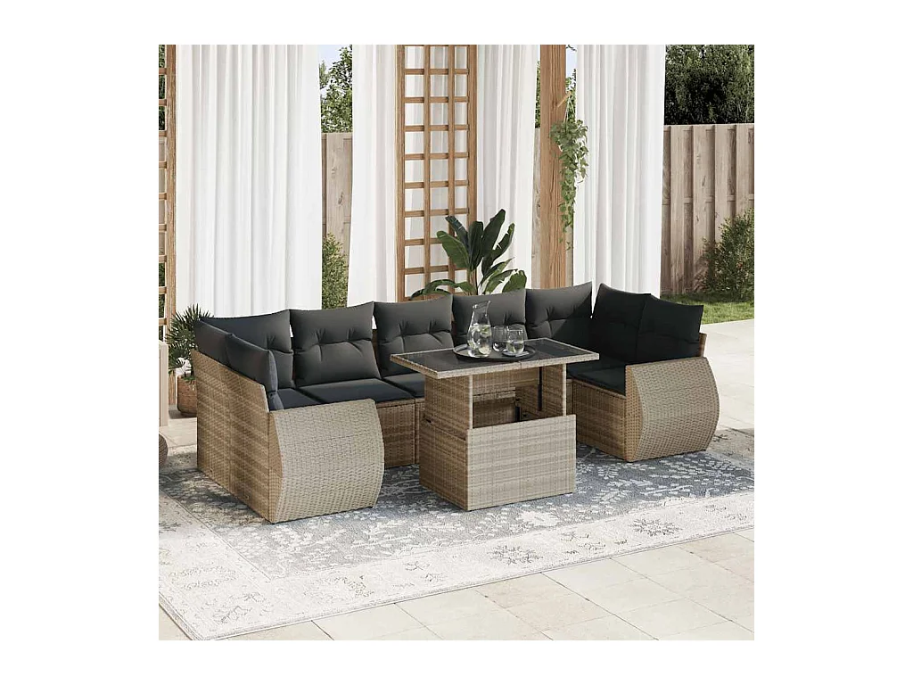 Salon de jardin 8 pcs avec coussins gris clair résine tressée