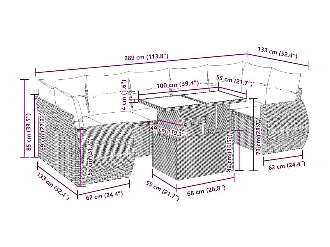 Salon de jardin 8 pcs avec coussins gris clair résine tressée