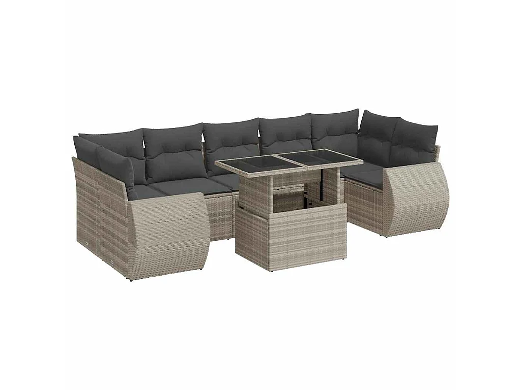 8-delige Loungeset met kussens poly rattan lichtgrijs