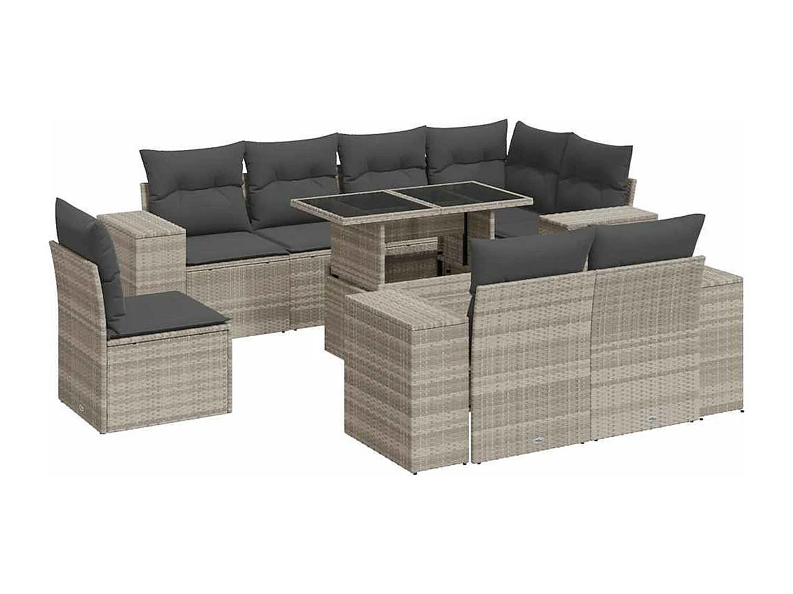 Salon de jardin 9 pcs avec coussins gris clair résine tressée