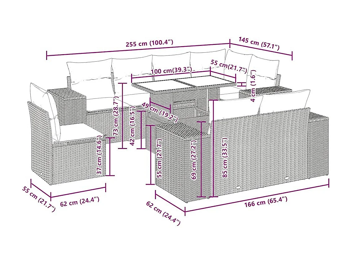 Salon de jardin 9 pcs avec coussins gris clair résine tressée