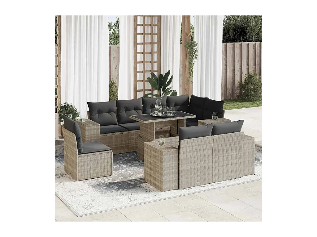 Salon de jardin 9 pcs avec coussins gris clair résine tressée