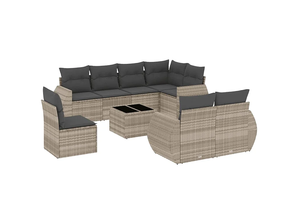 Set muebles jardín 9 pzas y cojines ratán sintético gris claro