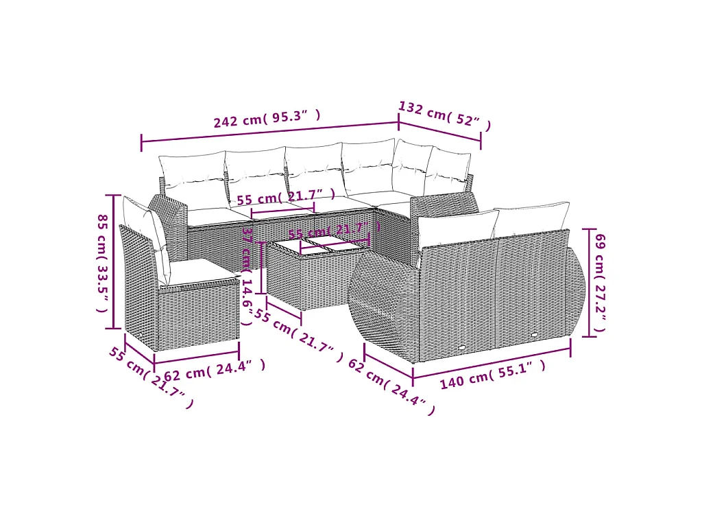 Set muebles jardín 9 pzas y cojines ratán sintético gris claro