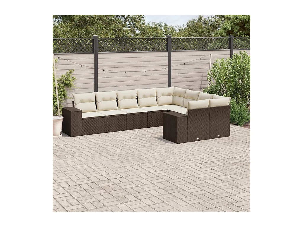 Salon de jardin avec coussins 9 pcs marron résine tressée