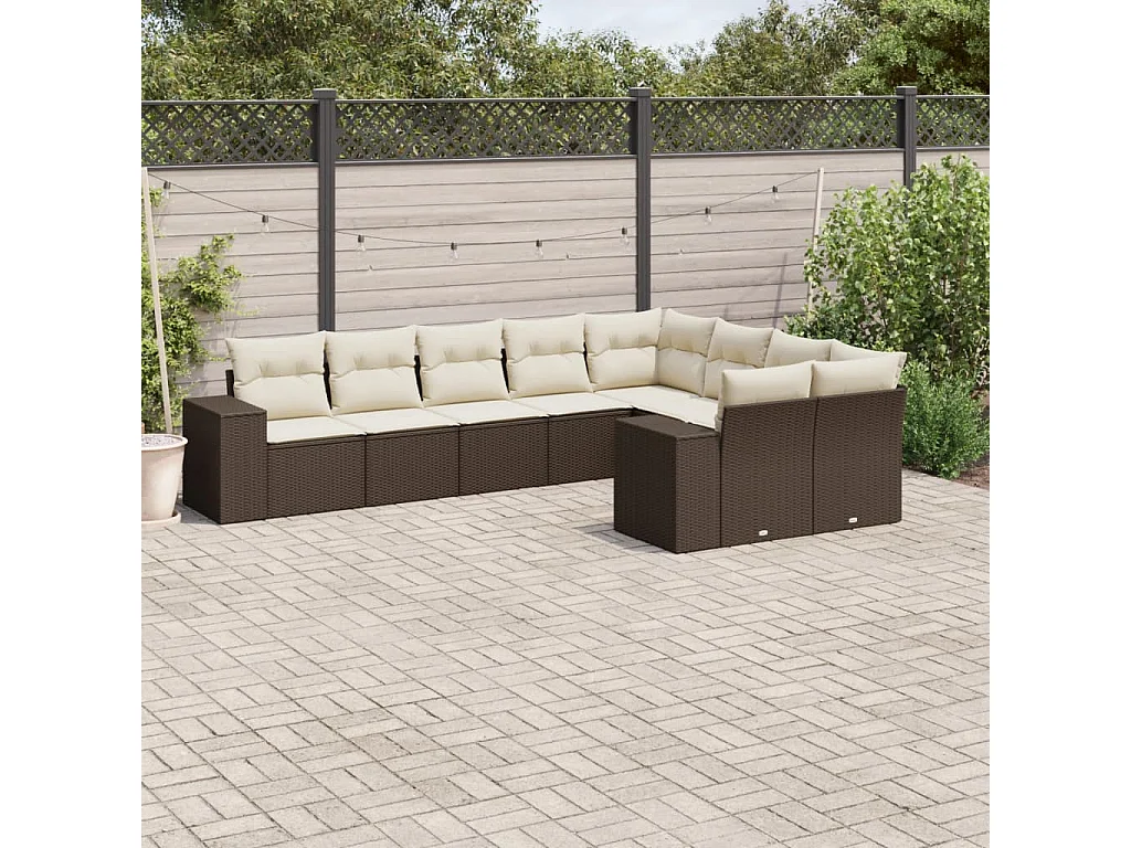 9-delige Loungeset met kussens poly rattan bruin