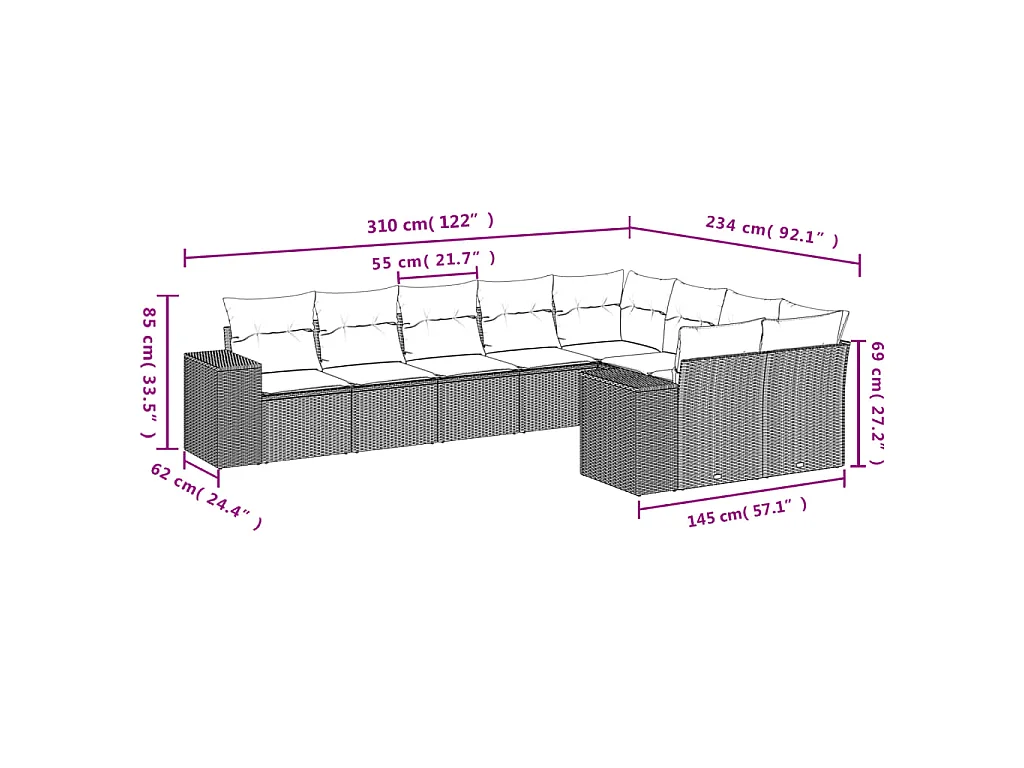 9-delige Loungeset met kussens poly rattan bruin