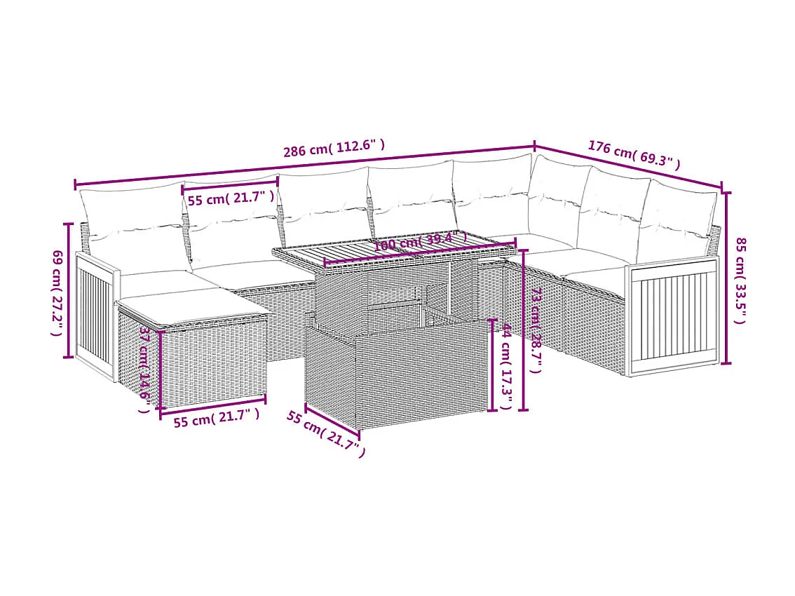 Salon de jardin avec coussins 9 pcs beige résine tressée