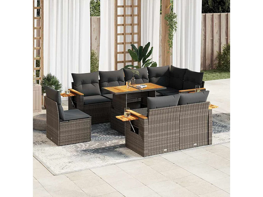 Salon de jardin avec coussins 9 pcs gris résine tressée acacia