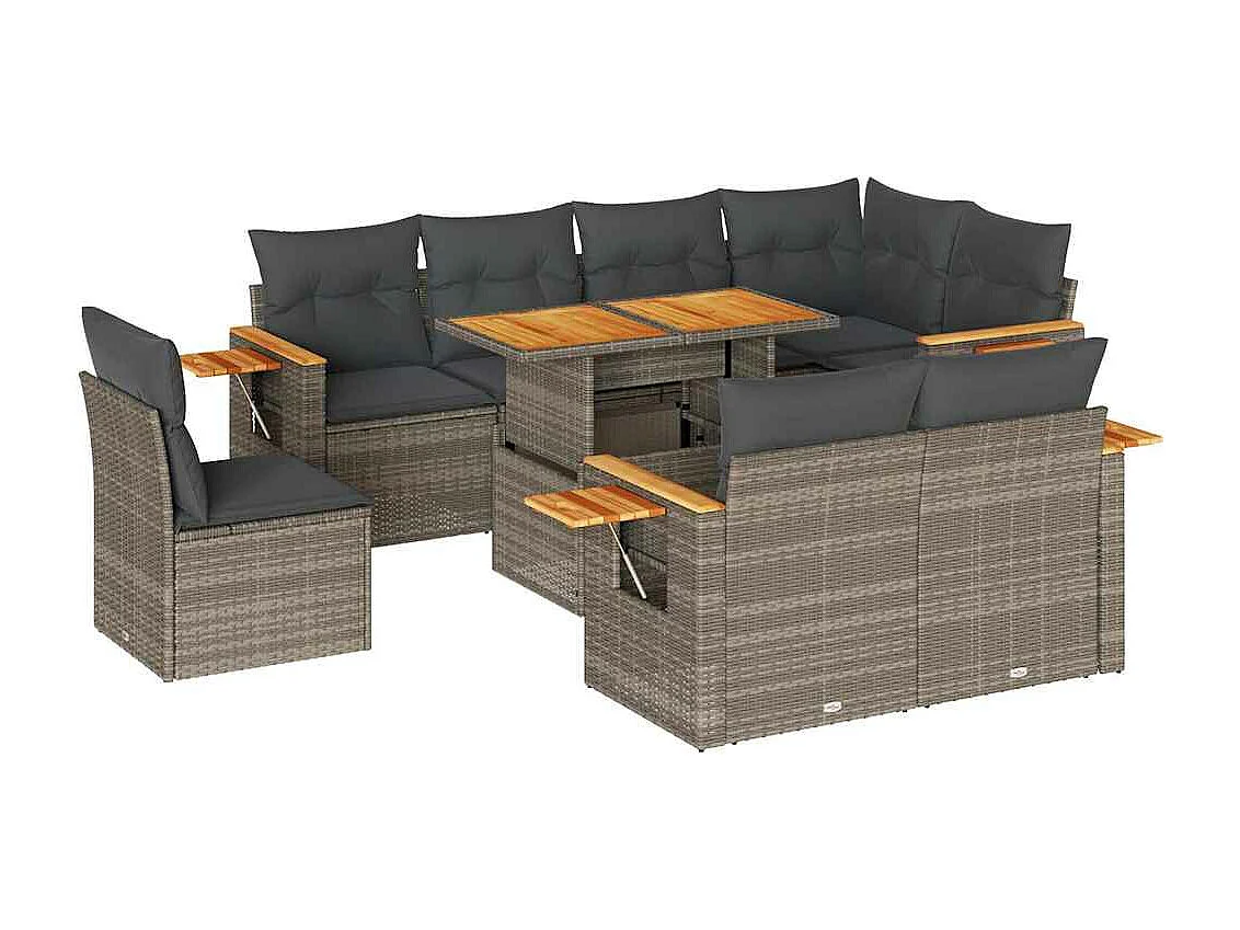 Salon de jardin avec coussins 9 pcs gris résine tressée acacia