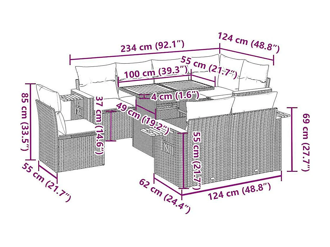 9-tlg. Garten-Sofagarnitur mit Kissen Grau Poly Rattan Akazie