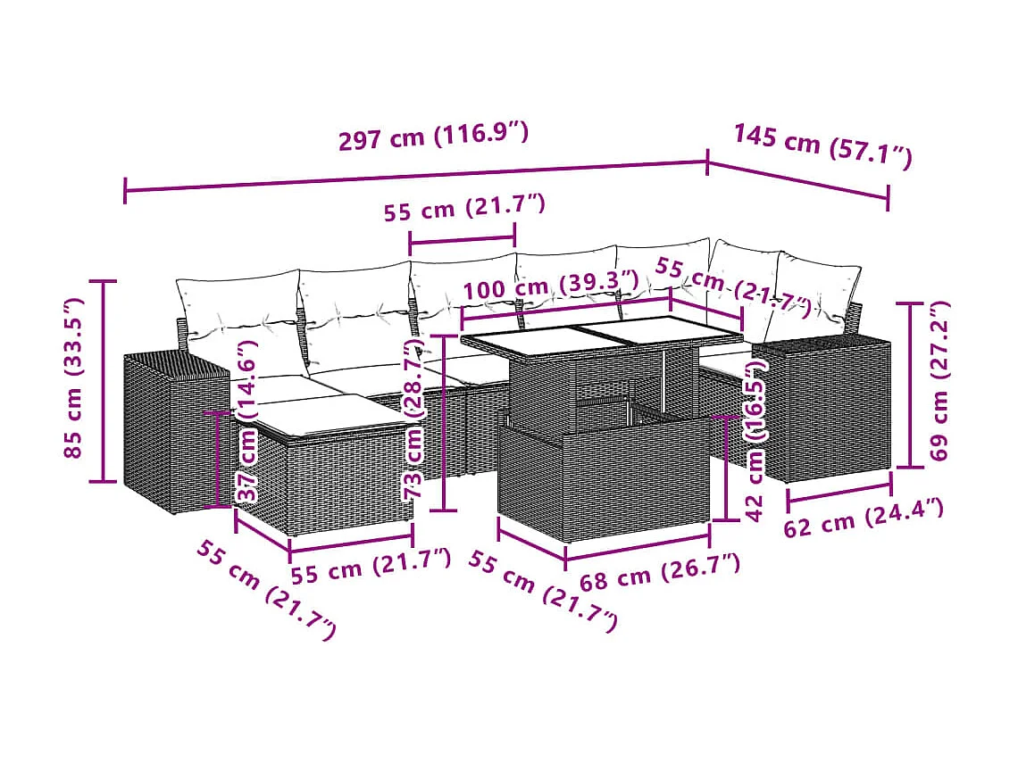 8 pcs conjunto de sofás p/ jardim com almofadões vime PE bege