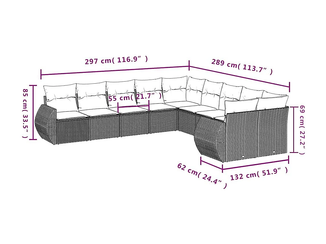 Set sofás jardín 10 pzas con cojines ratán sintético gris claro
