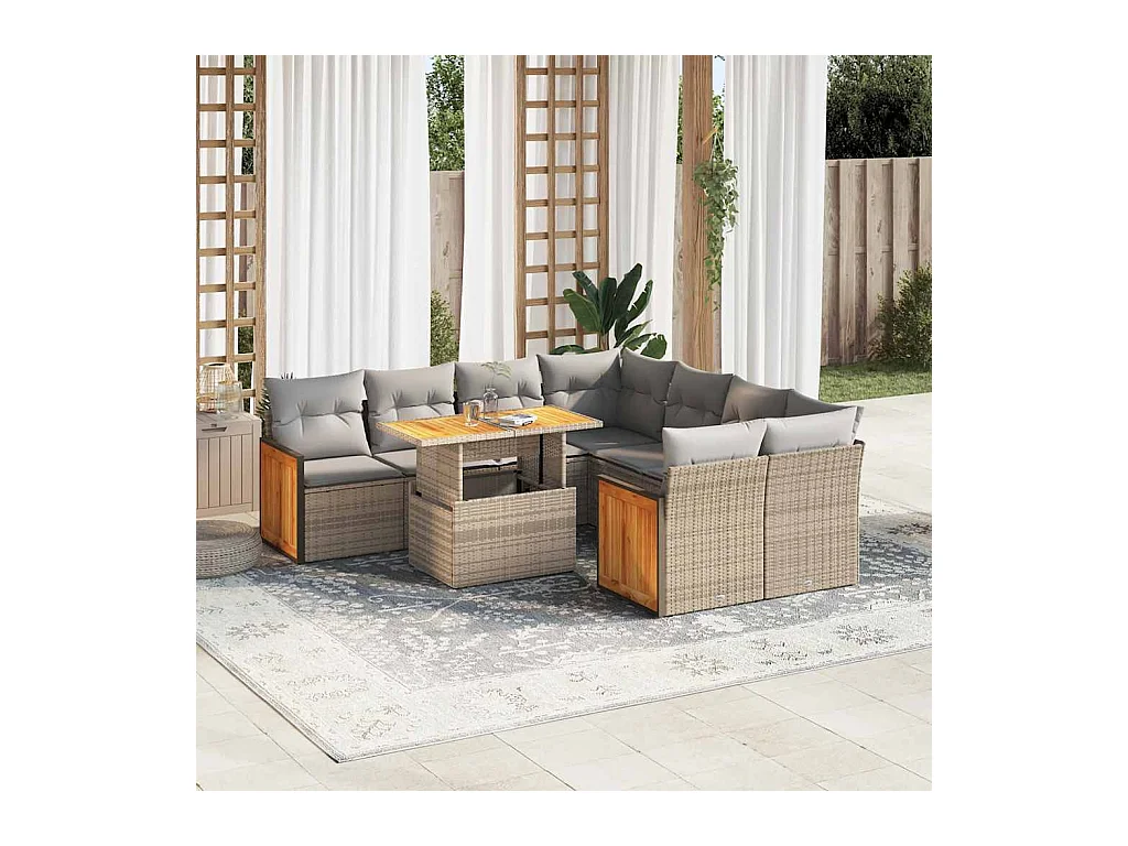 Salon de jardin avec coussins 9 pcs beige résine tressée acacia