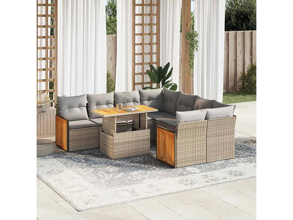 Salon de jardin avec coussins 9 pcs beige résine tressée acacia
