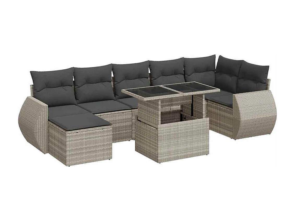 8-tlg. Garten-Sofagarnitur mit Kissen Hellgrau Poly Rattan