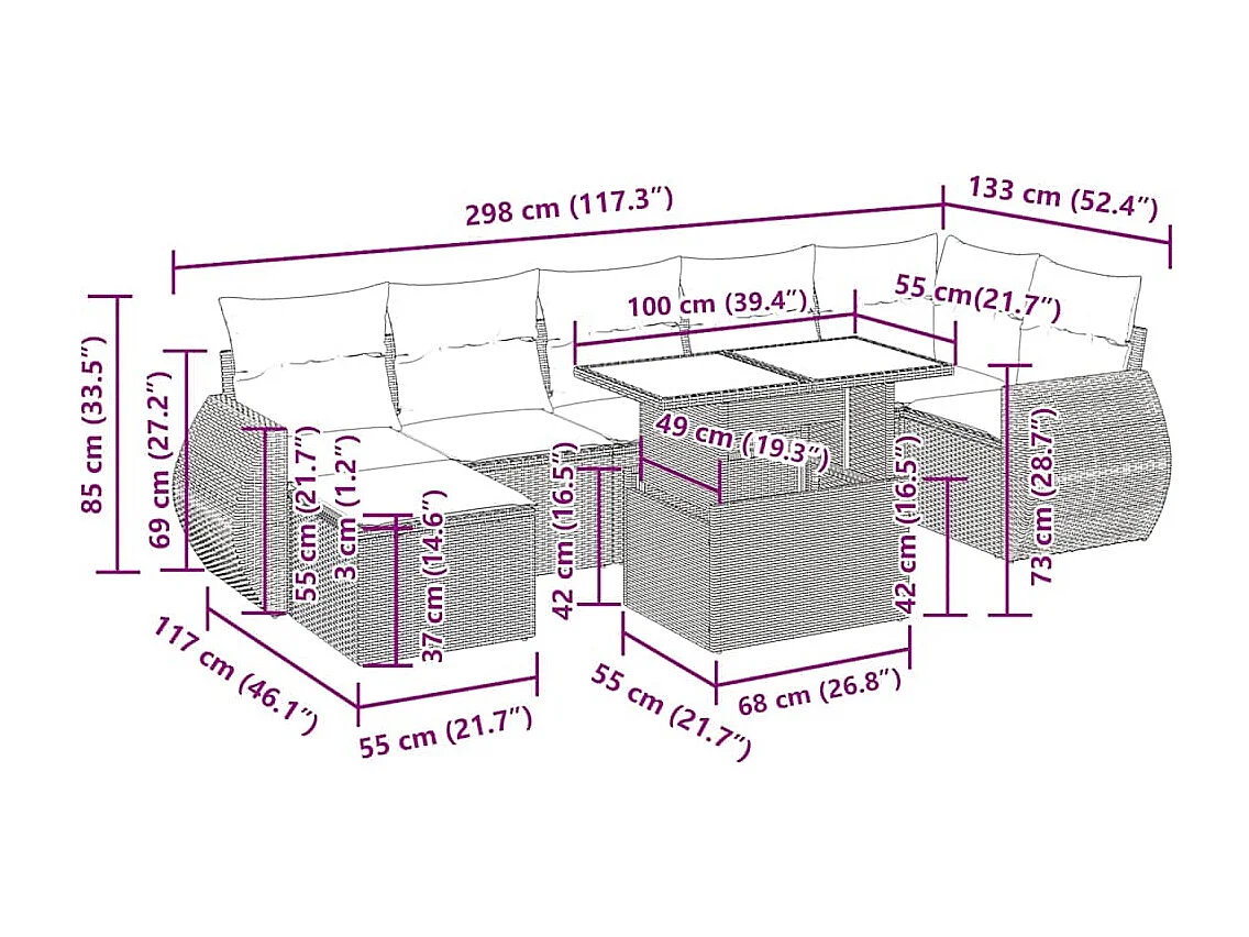 Salon de jardin 8 pcs avec coussins gris clair résine tressée