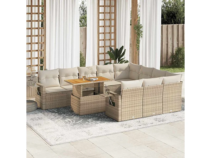 11-tlg. Garten-Sofagarnitur mit Kissen Beige Poly Rattan
