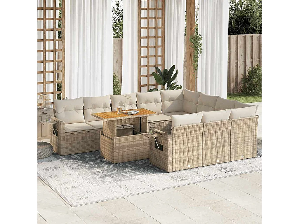 Salon de jardin 11 pcs avec coussins beige résine tressée