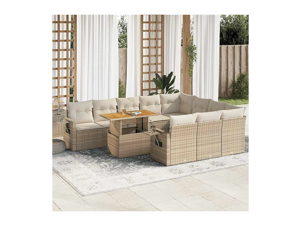 11-delige Tuinset met kussens poly rattan beige
