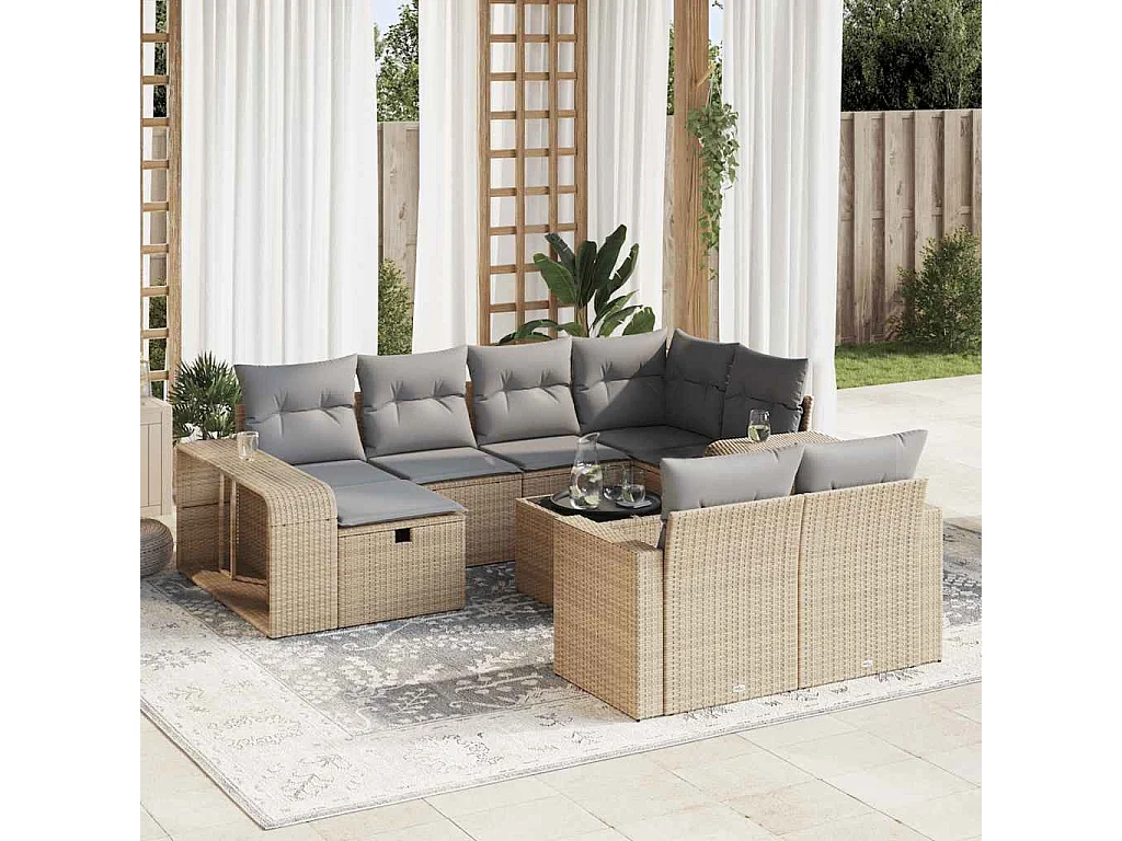 Set Divani da Giardino 11 pz con Cuscini Beige in Polyrattan
