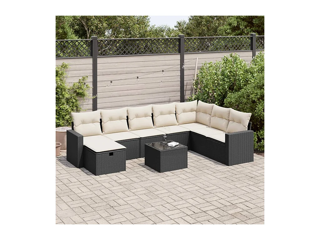 Set Divani da Giardino 9 pz con Cuscini Nero in Polyrattan