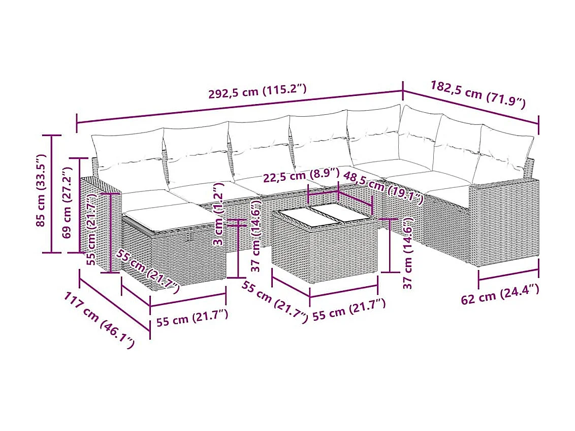9-tlg. Garten-Sofagarnitur mit Kissen Schwarz Poly Rattan
