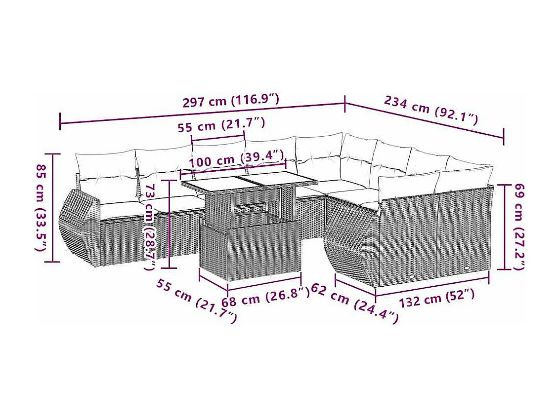Salon de jardin avec coussins 10 pcs beige résine tressée