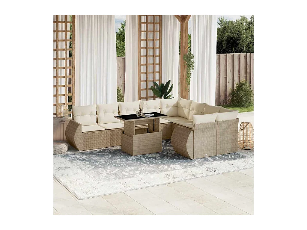 Salon de jardin avec coussins 10 pcs beige résine tressée