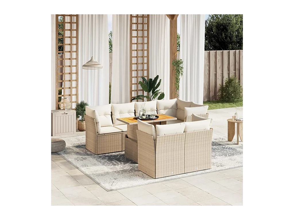 Salon de jardin avec coussins 8 pcs beige résine tressée