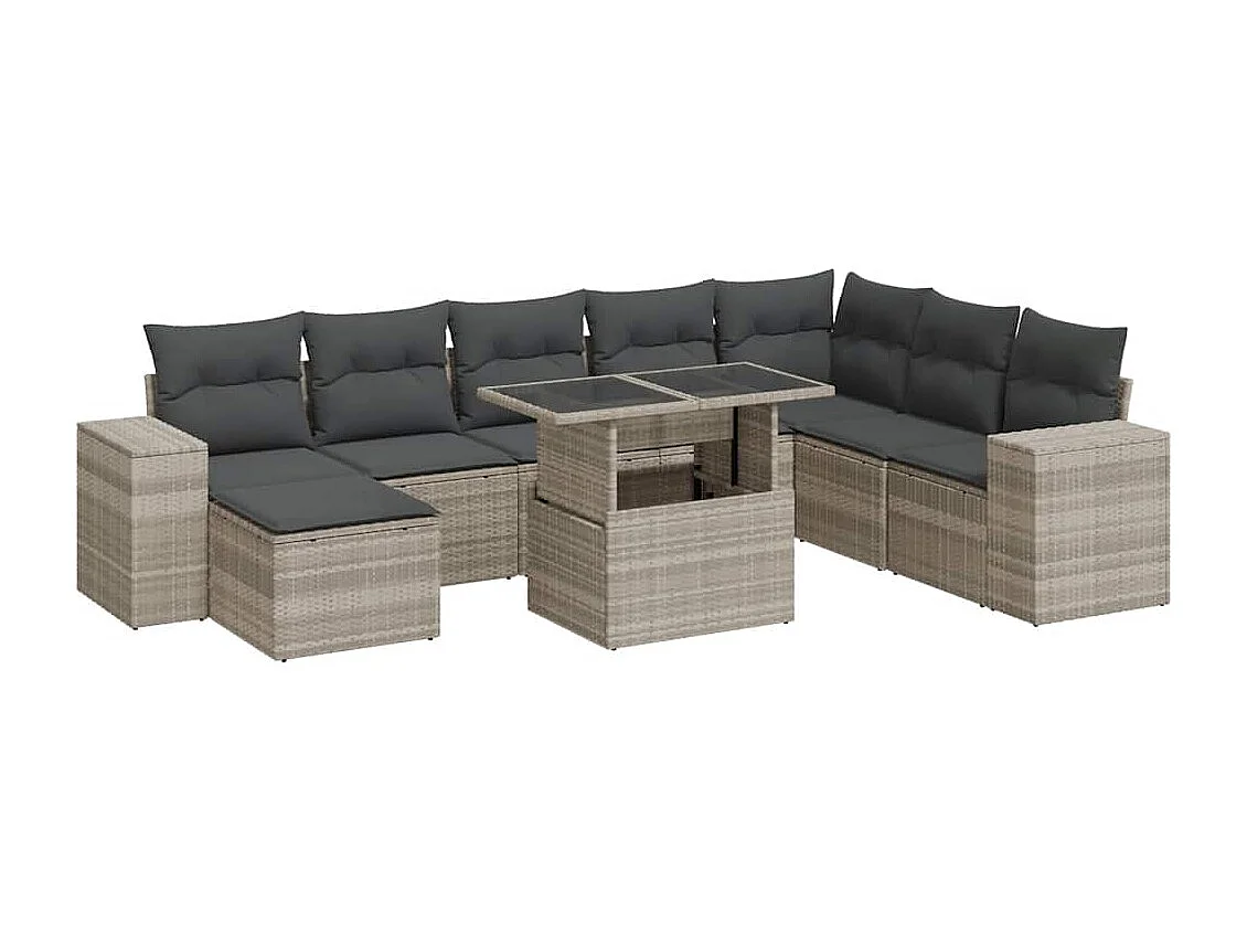 Salon de jardin 9 pcs avec coussins gris clair résine tressée