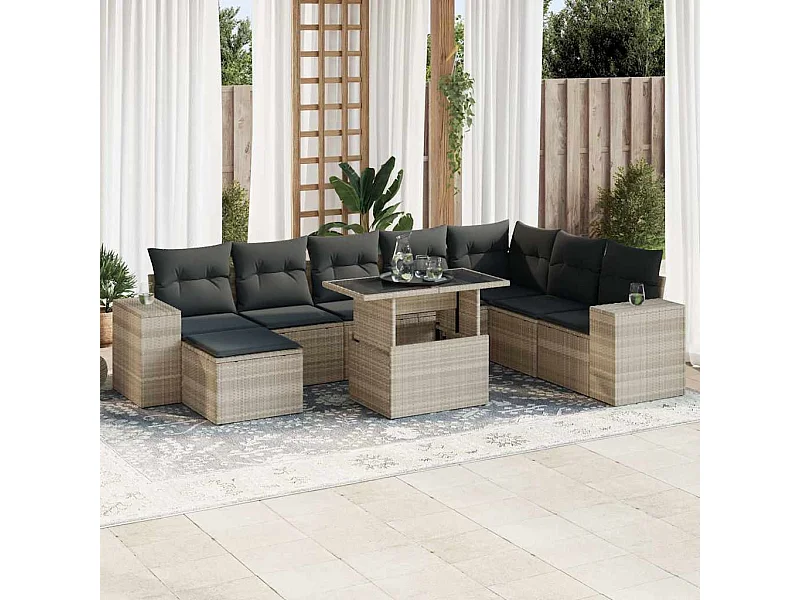 Salon de jardin 9 pcs avec coussins gris clair résine tressée