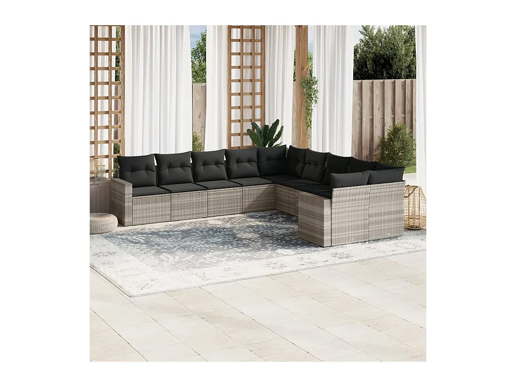 Set Divano Giardino 10 pz con Cuscini Grigio Chiaro Polyrattan