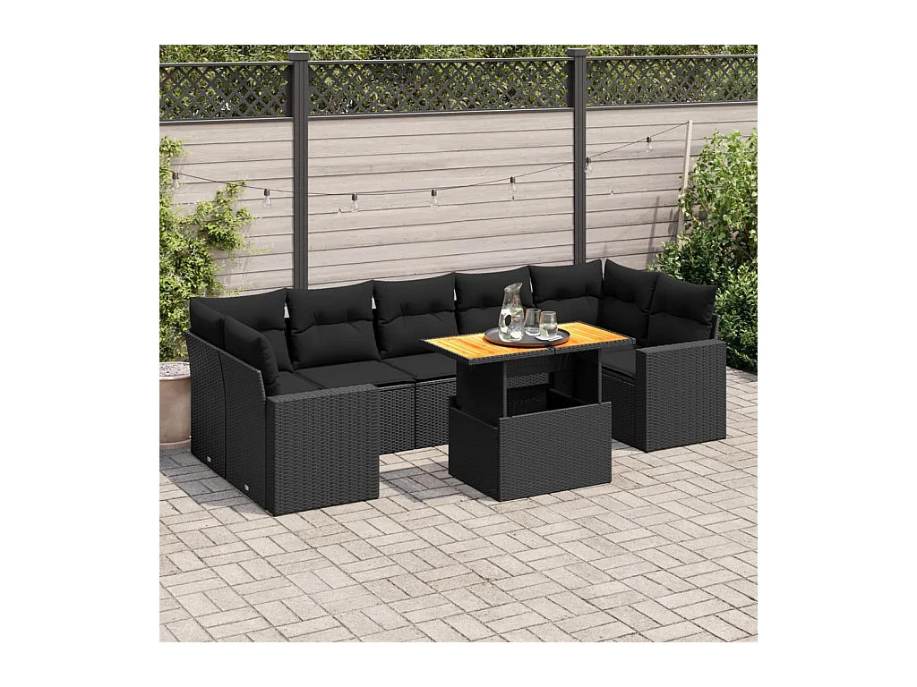 Salon de jardin 8 pcs avec coussins noir résine tressée