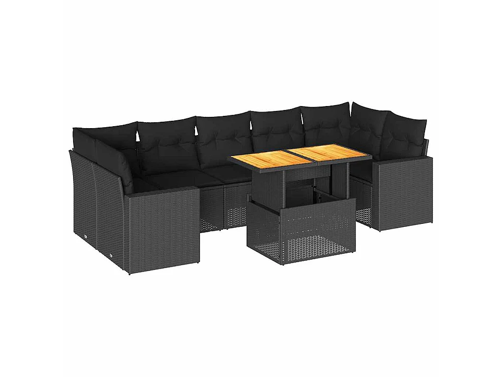 Salon de jardin 8 pcs avec coussins noir résine tressée