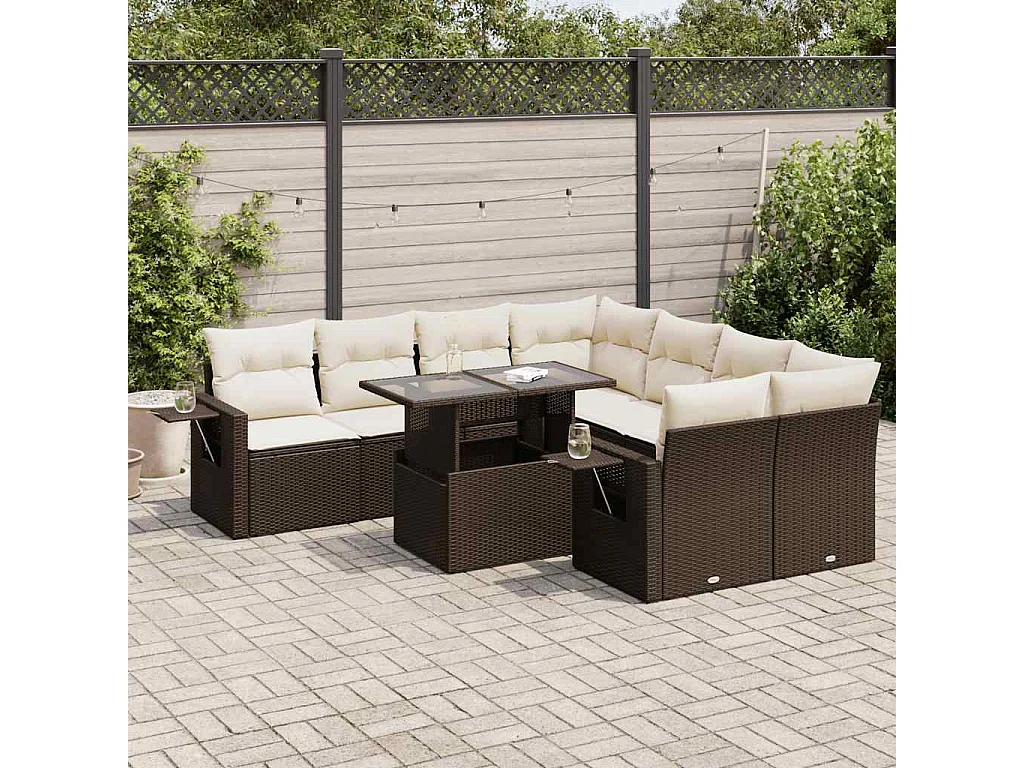 9 pcs conjunto sofás p/ jardim c/ almofadões vime PE castanho