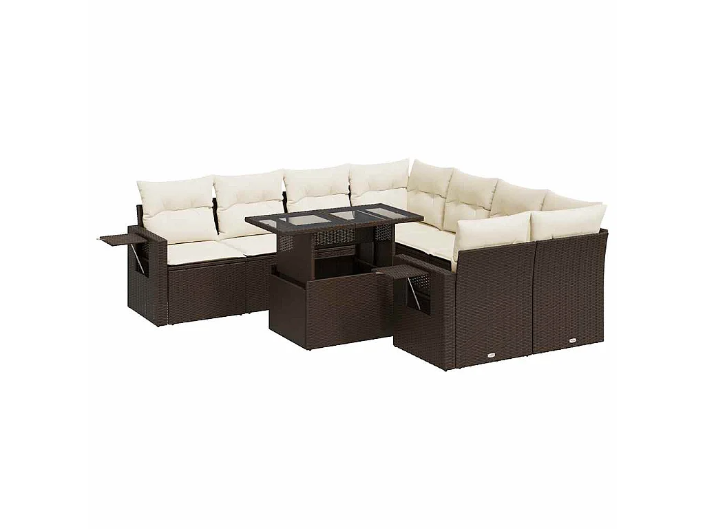 9-delige Loungeset met kussens poly rattan bruin