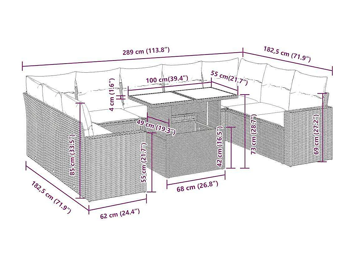 Salon de jardin avec coussins 10 pcs gris clair résine tressée