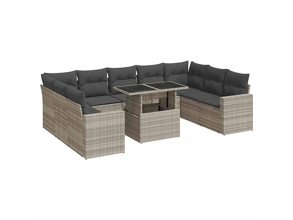 10-delige Loungeset met kussens poly rattan lichtgrijs