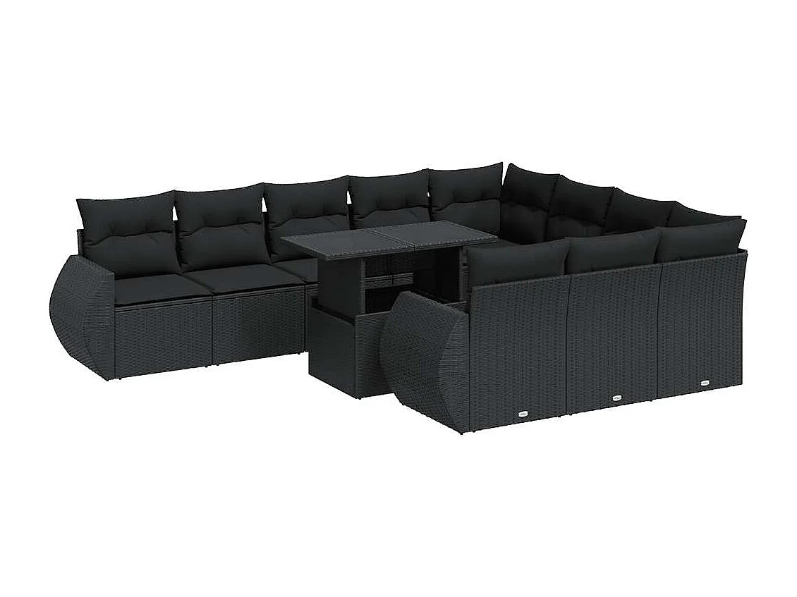 Salon de jardin 11 pcs avec coussins noir résine tressée