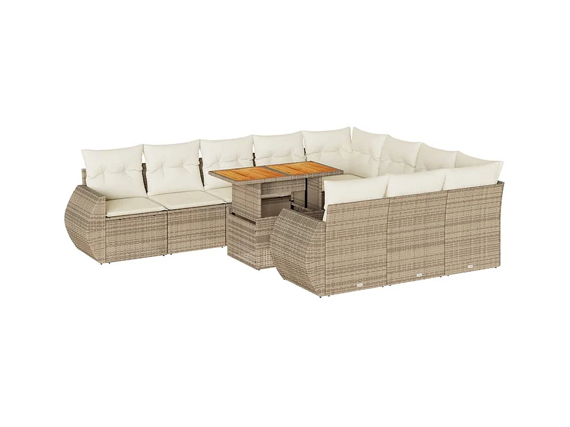 11-tlg. Garten-Sofagarnitur mit Kissen Beige Poly Rattan