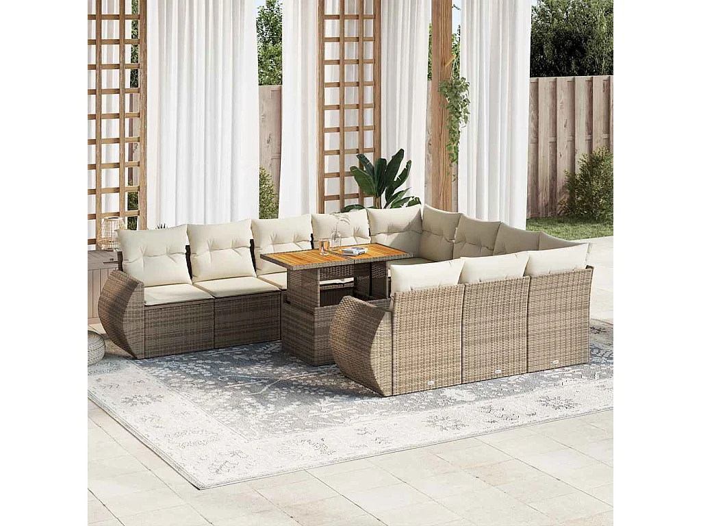 11 pcs conjunto sofás de jardim c/ almofadões vime PE bege