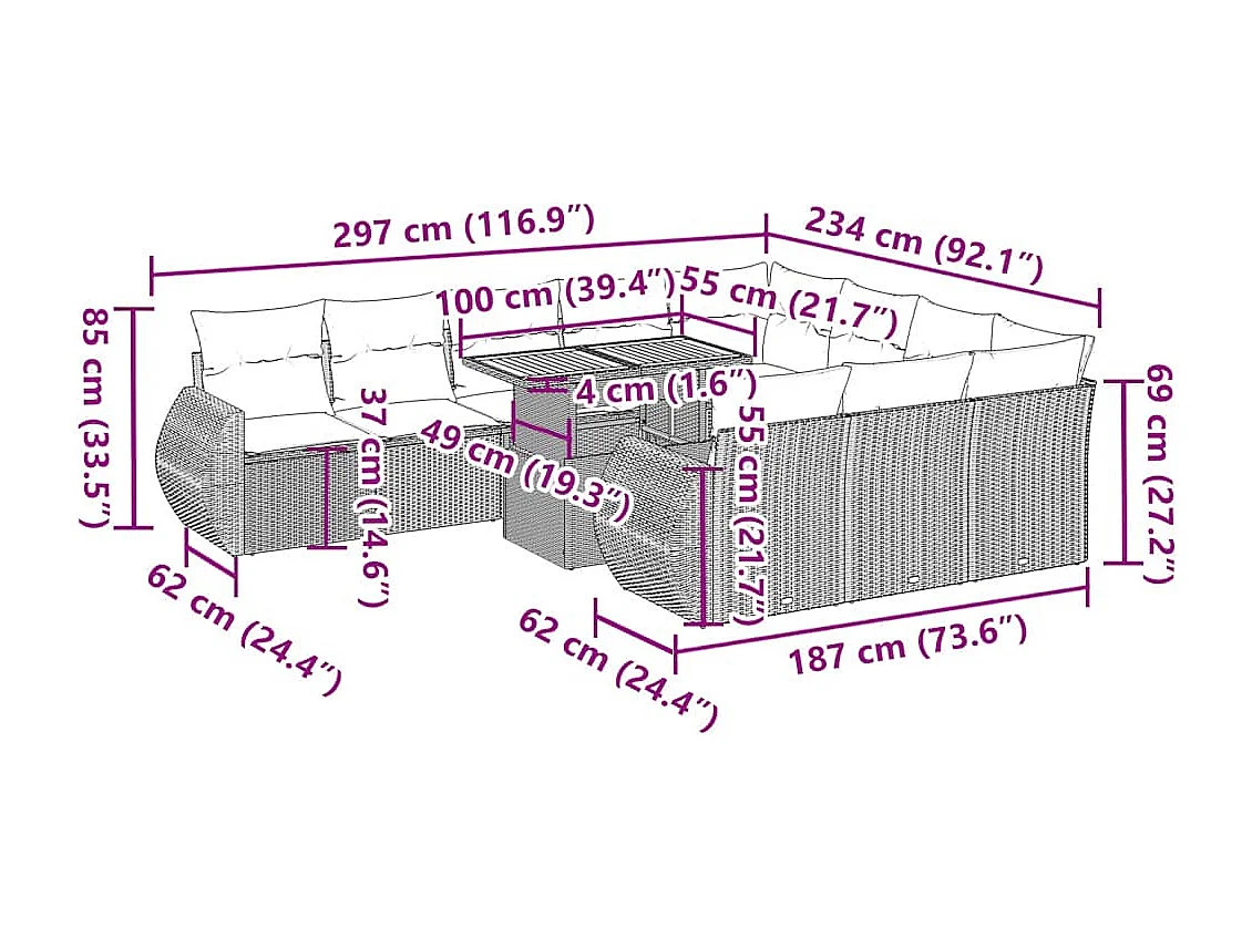 11 pcs conjunto sofás de jardim c/ almofadões vime PE bege